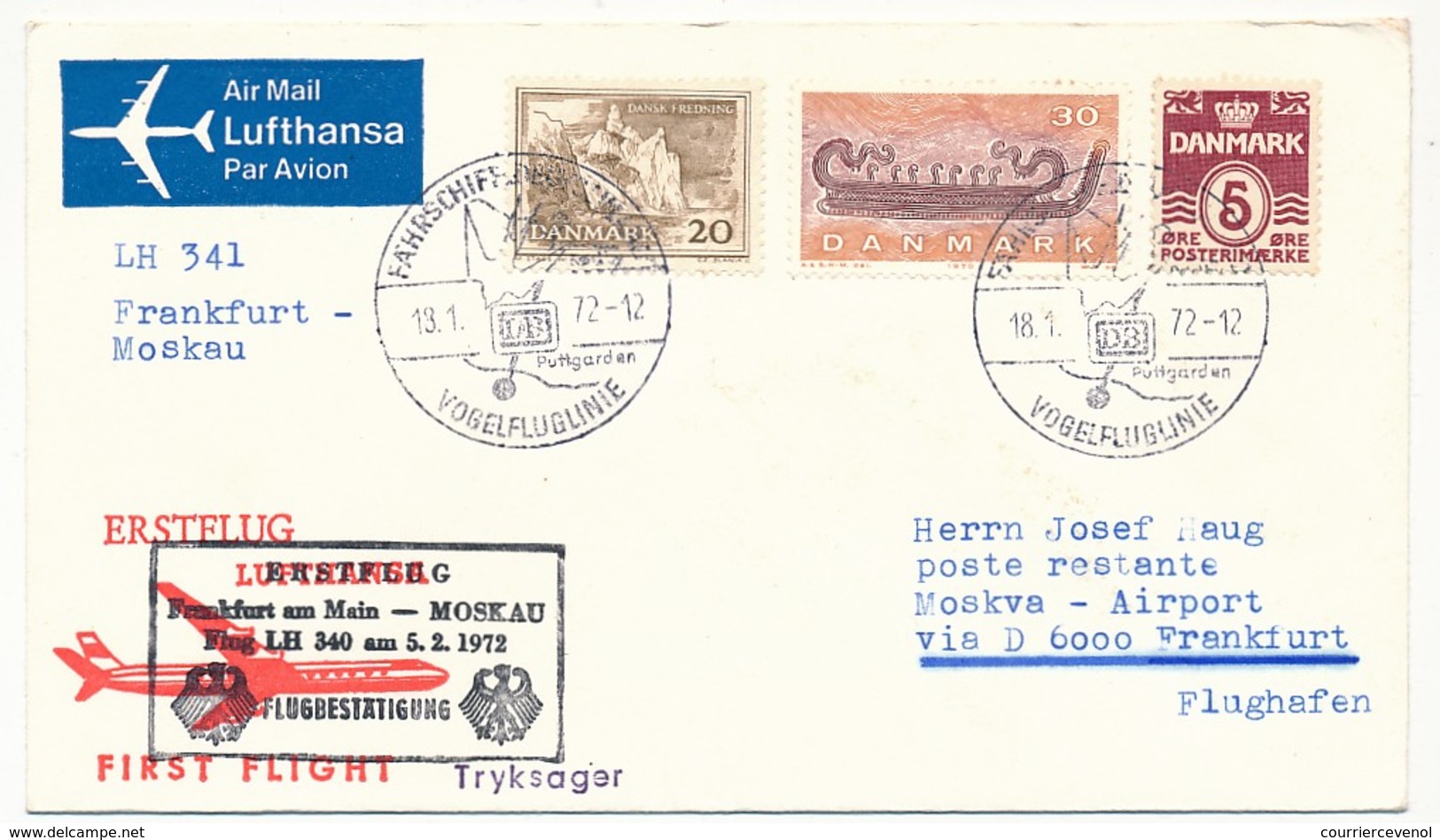 DANEMARK - Enveloppe Premier Vol Lufthansa -Francfort => Moscou 1972 - Luftpost