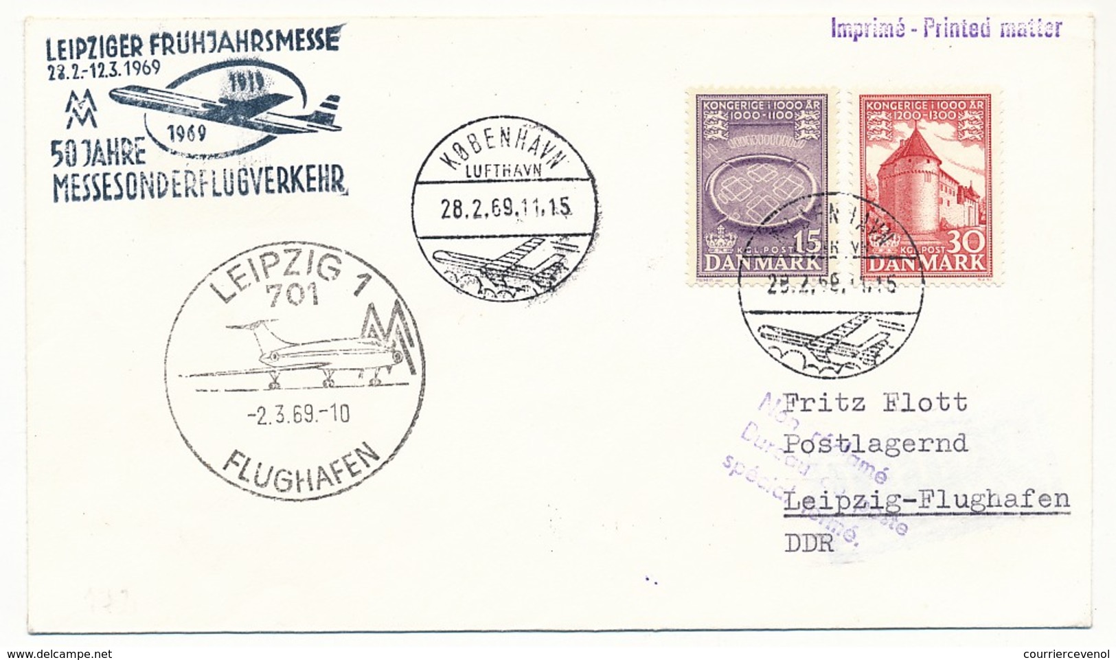 DANEMARK - Enveloppe Foire De Leipzig - 50eme Anniversaire Vol Spécial - 1969 - Luftpost