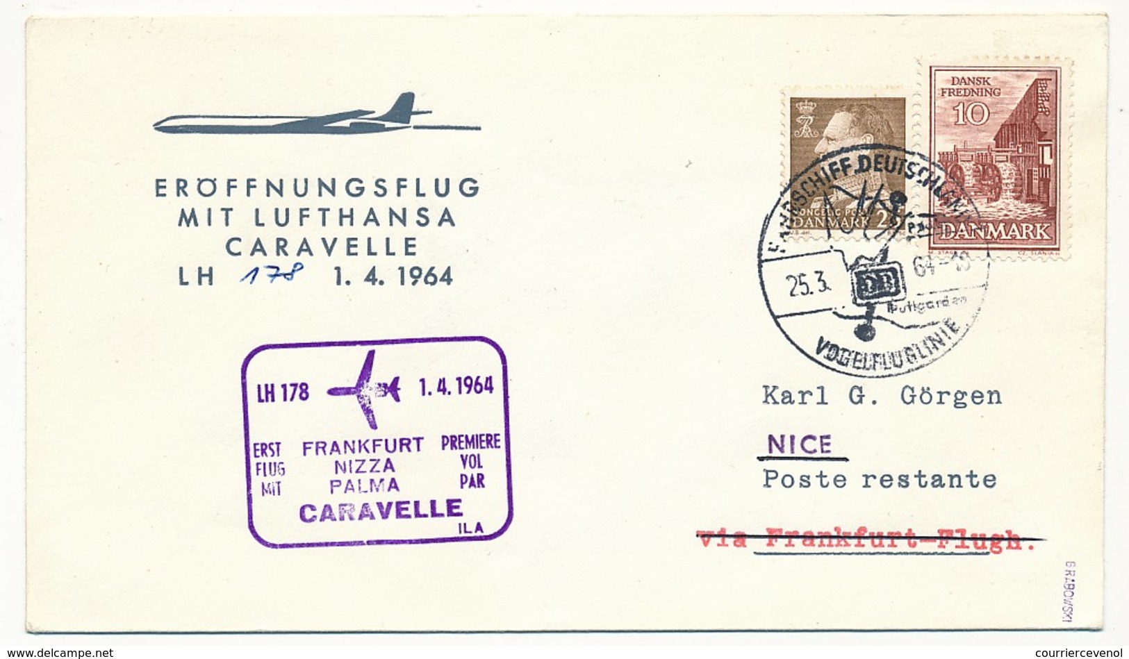 DANEMARK - Enveloppe Premier Vol Par Caravelle Francfort => Nice => Palma - 1/4/1984 - Airmail