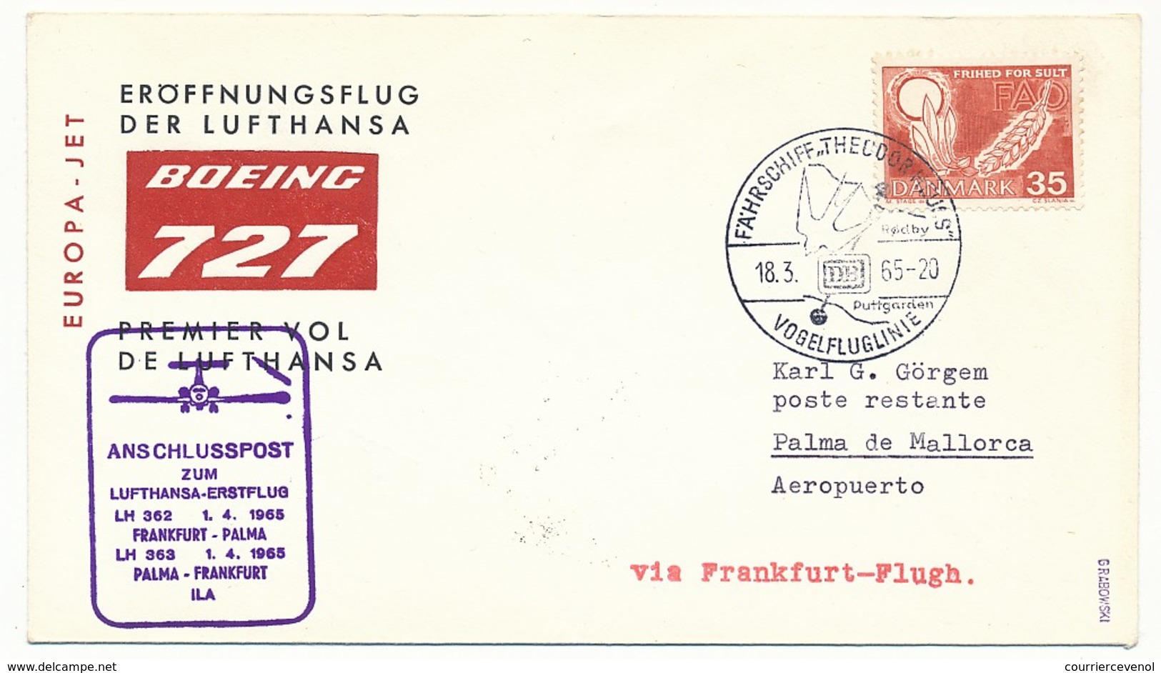 DANEMARK - Enveloppe Premier Vol Par Boeing 727 Lufthansa - Frankfort => Palma Et Retour - 1965 - Poste Aérienne