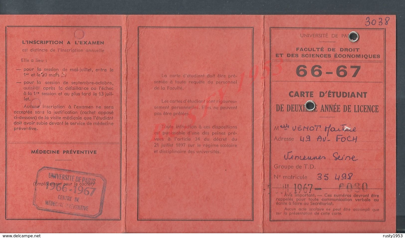 CARTE D ETUDIANT 66/67 UNIVERSITE DE PARIS Melle VENOT : - Autres & Non Classés