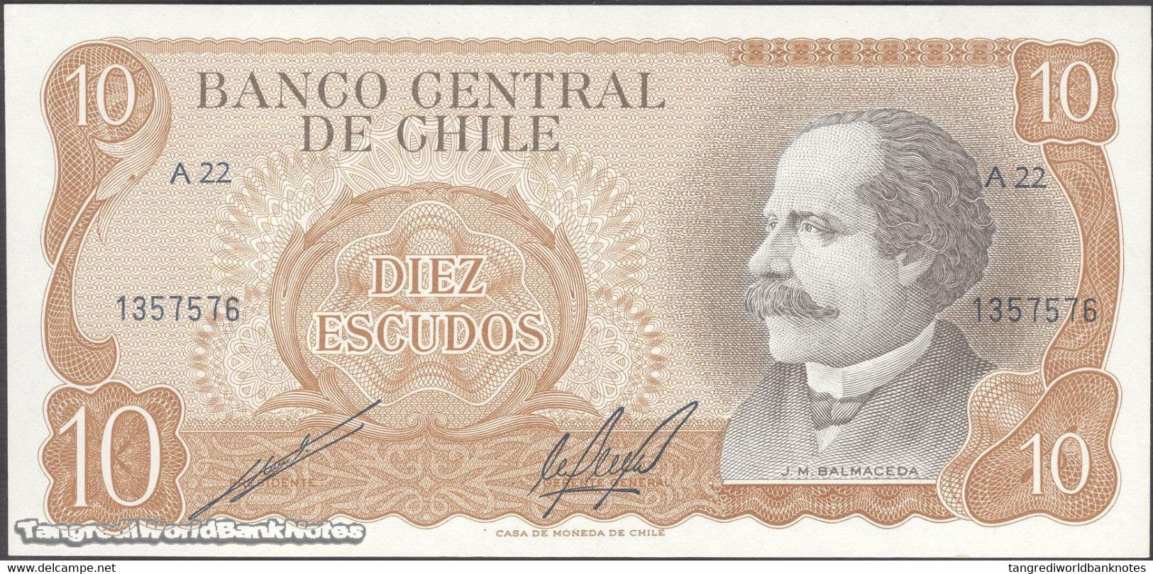 TWN - CHILE 143b - 10 Escudos 1976 Serie A 22 - Signatures: Cano & Molina UNC - Cile