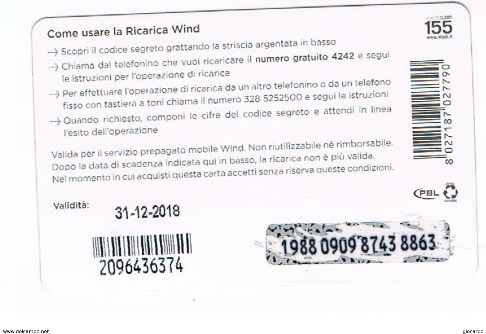 WIND ITALIA - CAT.C.&C.(11^ EDIZ.) NC - WINDOWS PHONE STORE 5 EURO SC. 31/12/2018   - USATA (RIF. CP) - [2] Tarjetas Móviles, Prepagadas & Recargos