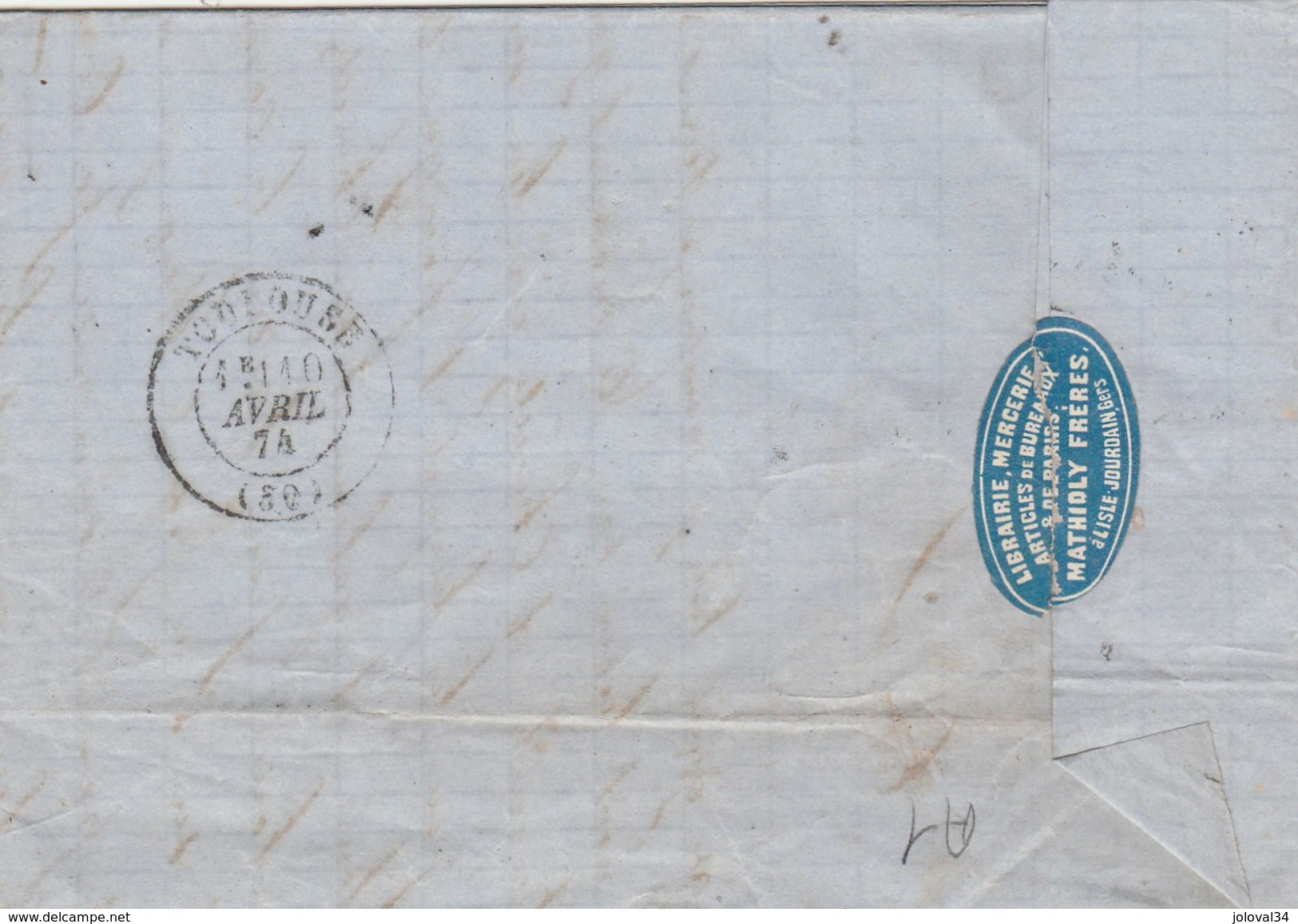 Yvert 60C ( Pli + Voir Scan )  Lettre De L' ISLE En Jourdain Gers 6/4/1874 GC 1837 Pour Toulouse - 1849-1876: Période Classique