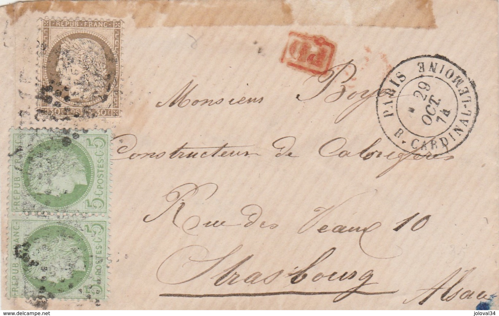 Yvert 56 + 53 X 2 Paire Cérès De Paris Rue Cardinal Lemoine 29/10/1874 Pour Strasbourg Alsace - 1849-1876: Période Classique