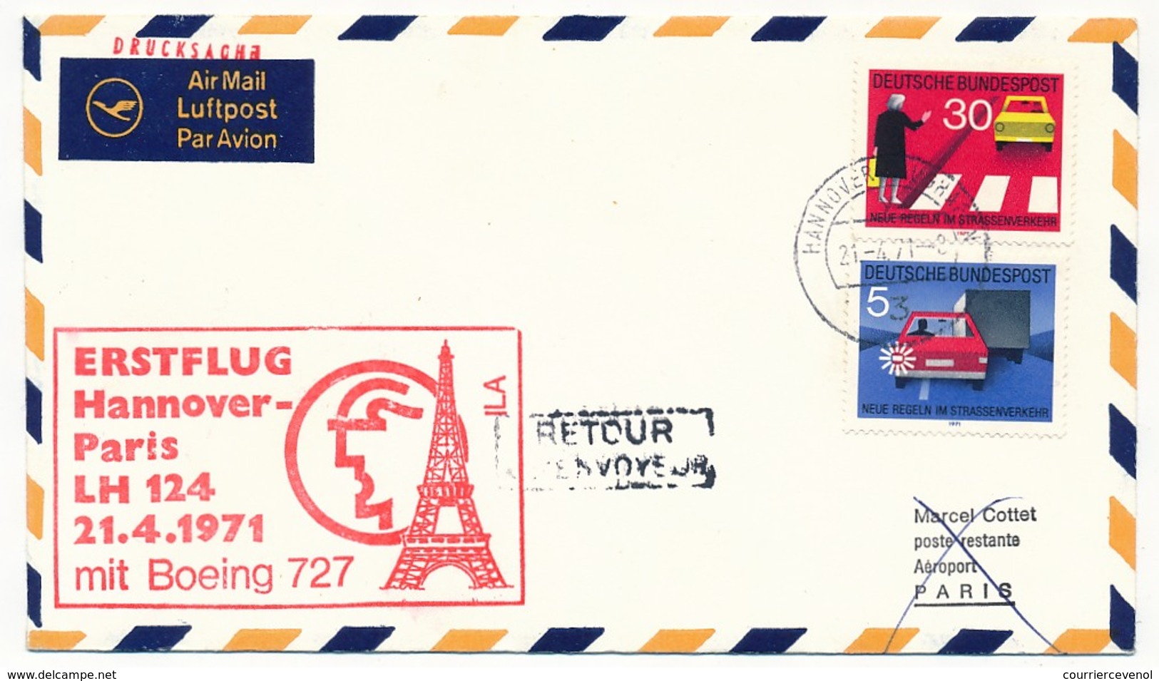 ALLEMAGNE - Enveloppe - Premier Vol HANNOVRE => PARIS LH 124 Boeing 727 - 21/4/1971 - Otros & Sin Clasificación