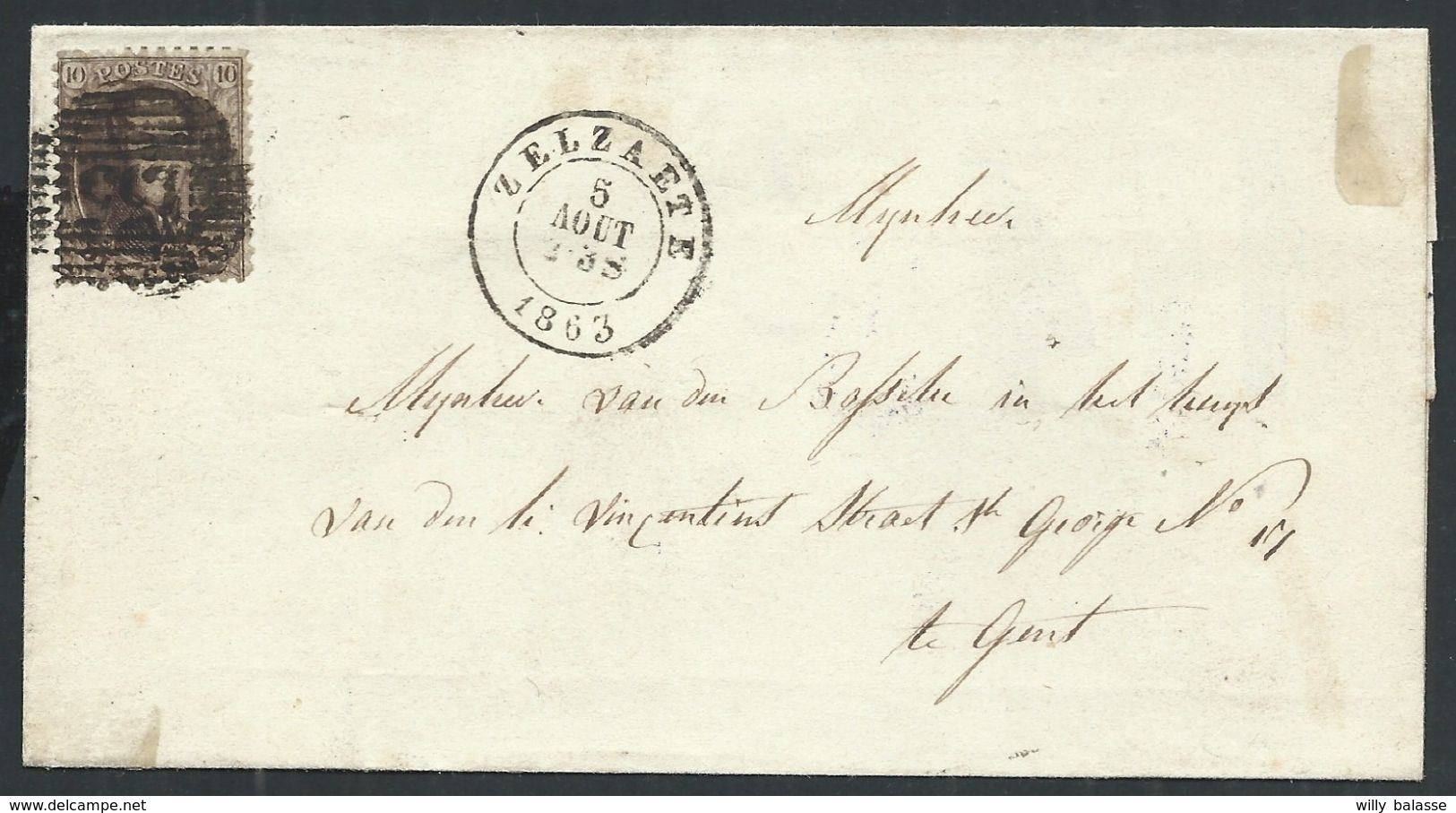 L  Affr 10c Brun P135 ZELZAETE/1863 Pour Gand - 1863-1864 Médaillons (13/16)