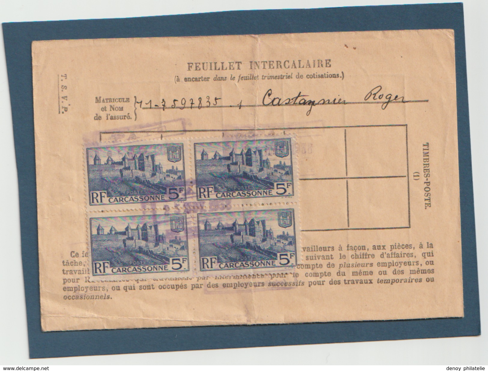Rare Feuillet Intercalaire D'assuré Social Avec Timbre 392 Cité De Carcassonne Annulation Payé Le 25 Nov 1938 RRR - Autres & Non Classés