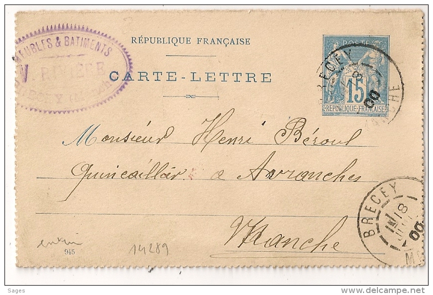 BRECEY Manche Sur DEVANT De Carte Lettre Au Type SAGE.  V.RIVIERE Meubles Et Batiments. - Kaartbrieven