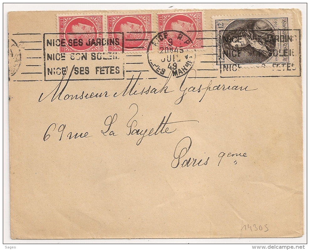 TARIF 15F, Bel Affranchissement. NICE R.P. Alpes Maritimes. 1949. - 1921-1960: Période Moderne