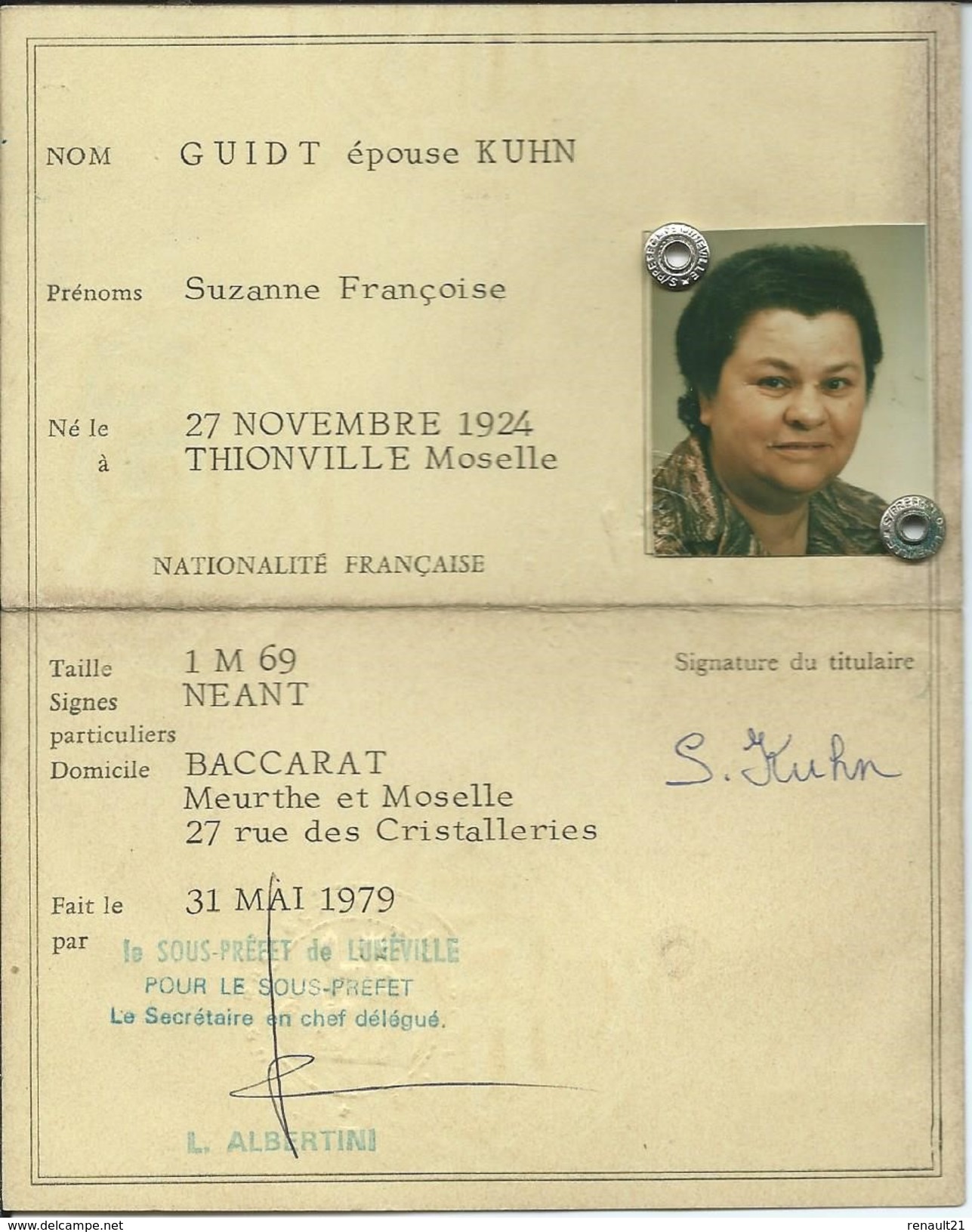 Baccarat-Carte Nationale D'Identité De Suzanne Kuhn Née Guidt Le 27 Novembre 1924-Fait Le 31 Mai 1979 (Voir Les Scans) - Autres & Non Classés