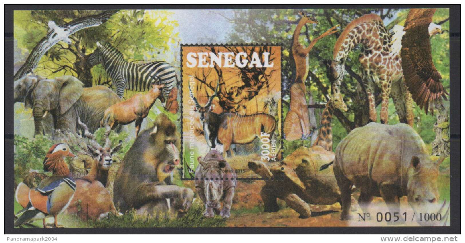Sénégal 2015 Bloc ** Mi. Bl. 109 Faune Menacée Threatened Fauna éléphants Girafes Birds Oiseaux Vögel Elephants Giraffe - Storchenvögel