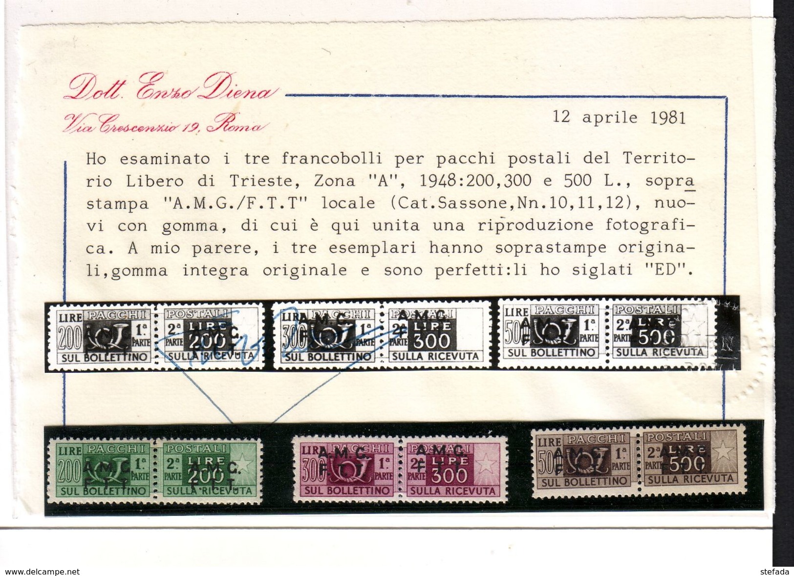 TRIESTE A  1947-48 SOPRAST:SU DUE RIGHE Pacchi Postali 12 Valori Con CERTIFICATO ENZO DIENA MNH** - Postpaketen/concessie