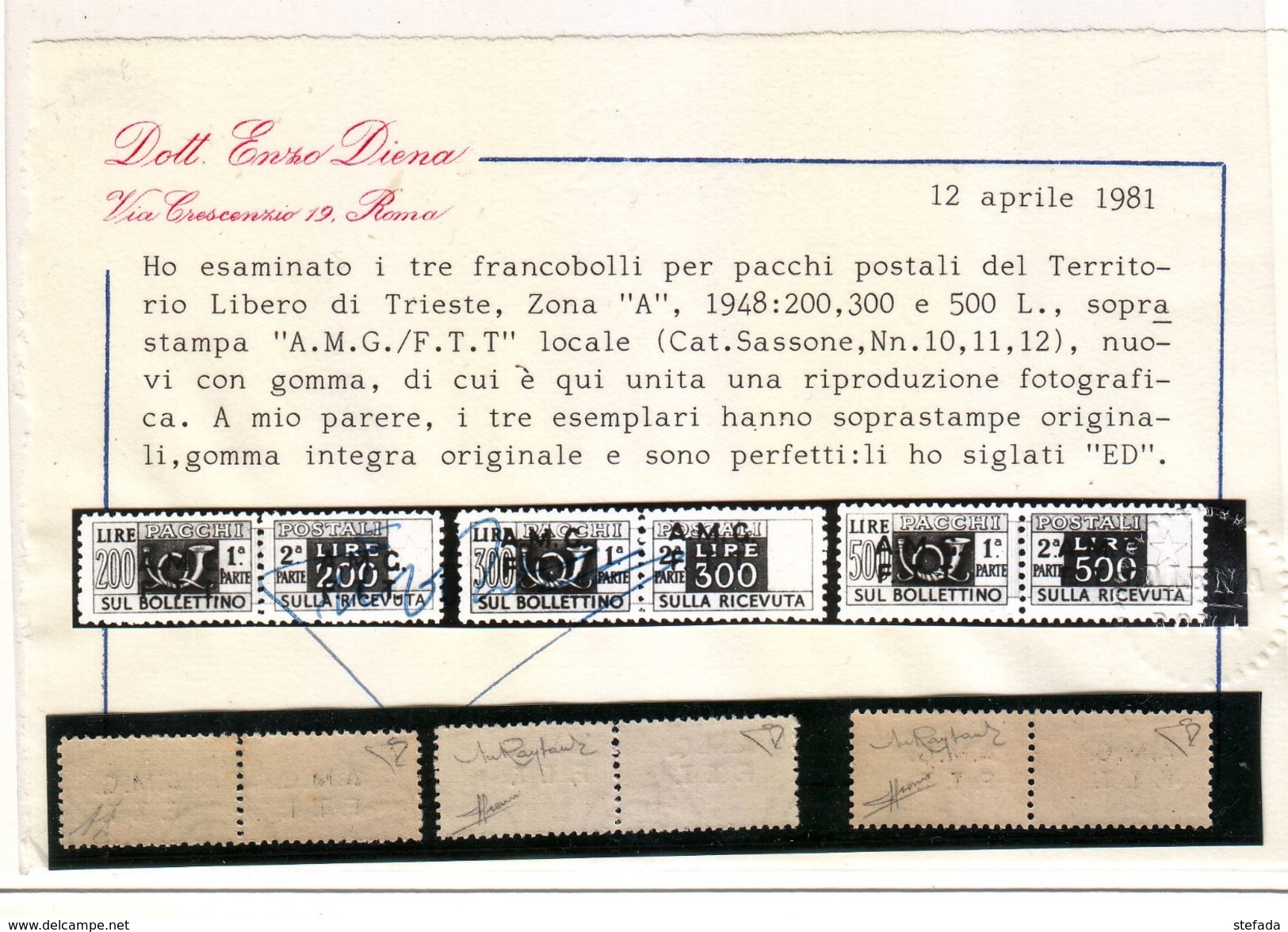 TRIESTE A  1947-48 SOPRAST:SU DUE RIGHE Pacchi Postali 12 Valori Con CERTIFICATO ENZO DIENA MNH** - Postpaketen/concessie