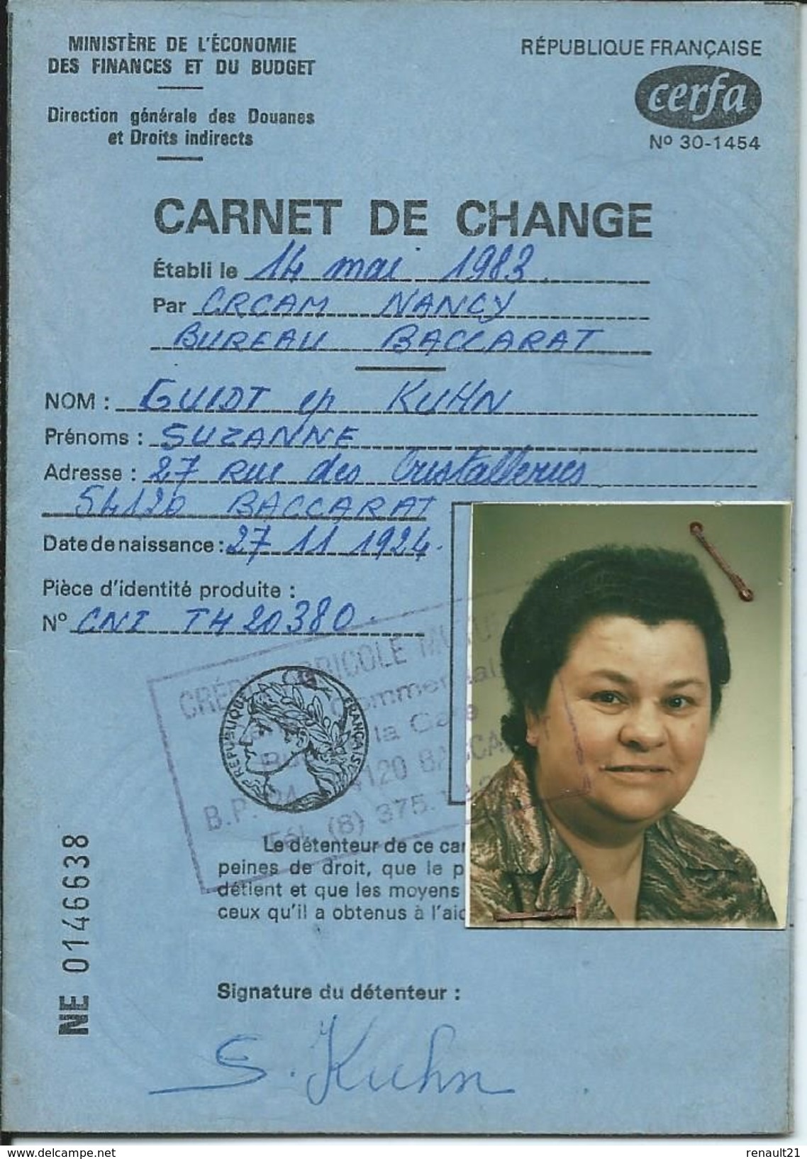 Baccarat-Carnet De Change De Madame Guidt Et Kuhn Suzanne-27;Rue Des Cristalleries (Voir Les Scans) - Autres & Non Classés