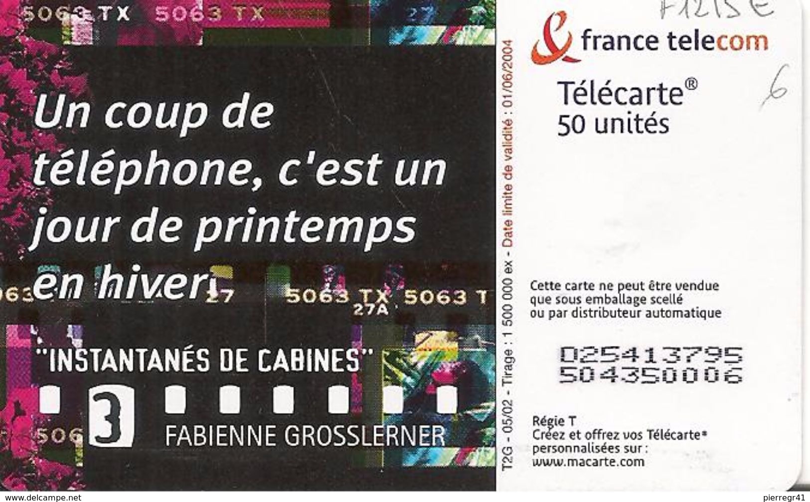 CARTE°PUBLIC-50U-F1215 E-OB2-N° Gras-05/02-INSTANTANES DE CABINES 3--UTILISE-TBE - 2002