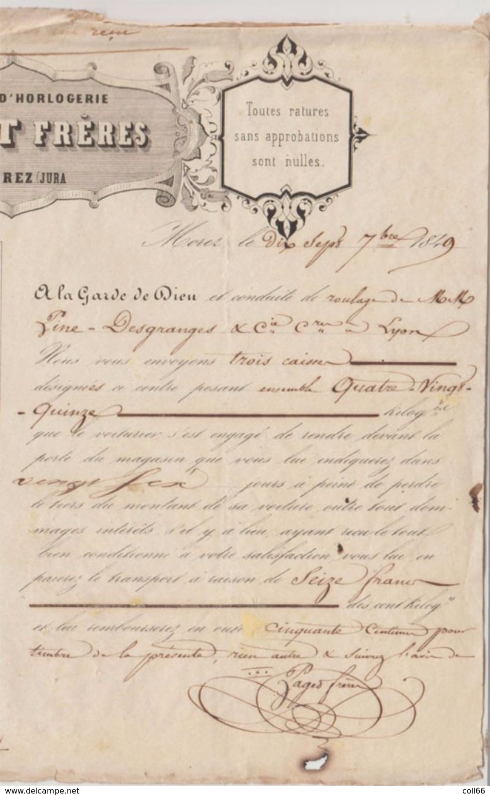 1849 Fabrique Horlogerie Paget Frères à Muret (39) Roulage A La Garde De Dieu 12 Horloges Pour Le Perthus Fiscal Dos - Transports