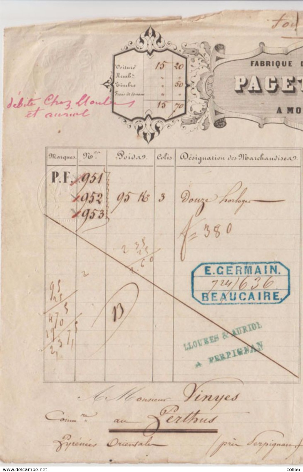 1849 Fabrique Horlogerie Paget Frères à Muret (39) Roulage A La Garde De Dieu 12 Horloges Pour Le Perthus Fiscal Dos - Transports