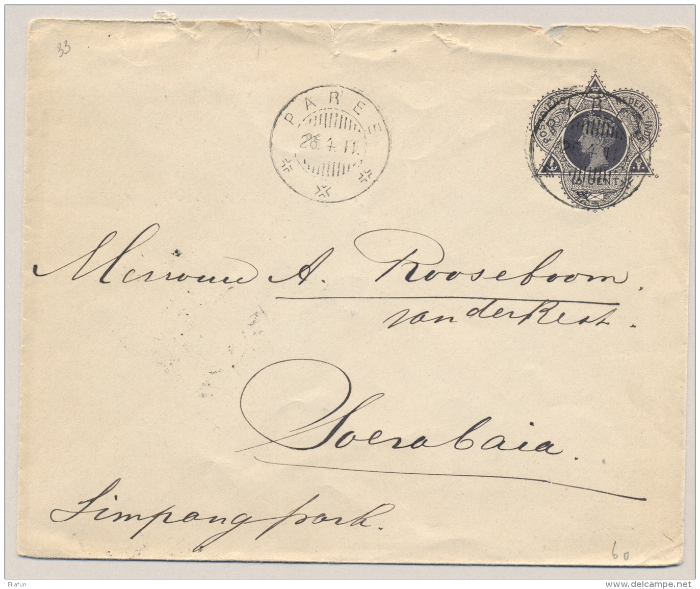 Nederlands Indië - 1911 - 10 Cent Envelop Van KB PAREE Via GR DJOMBANG Naar KB Soerabaja - Netherlands Indies