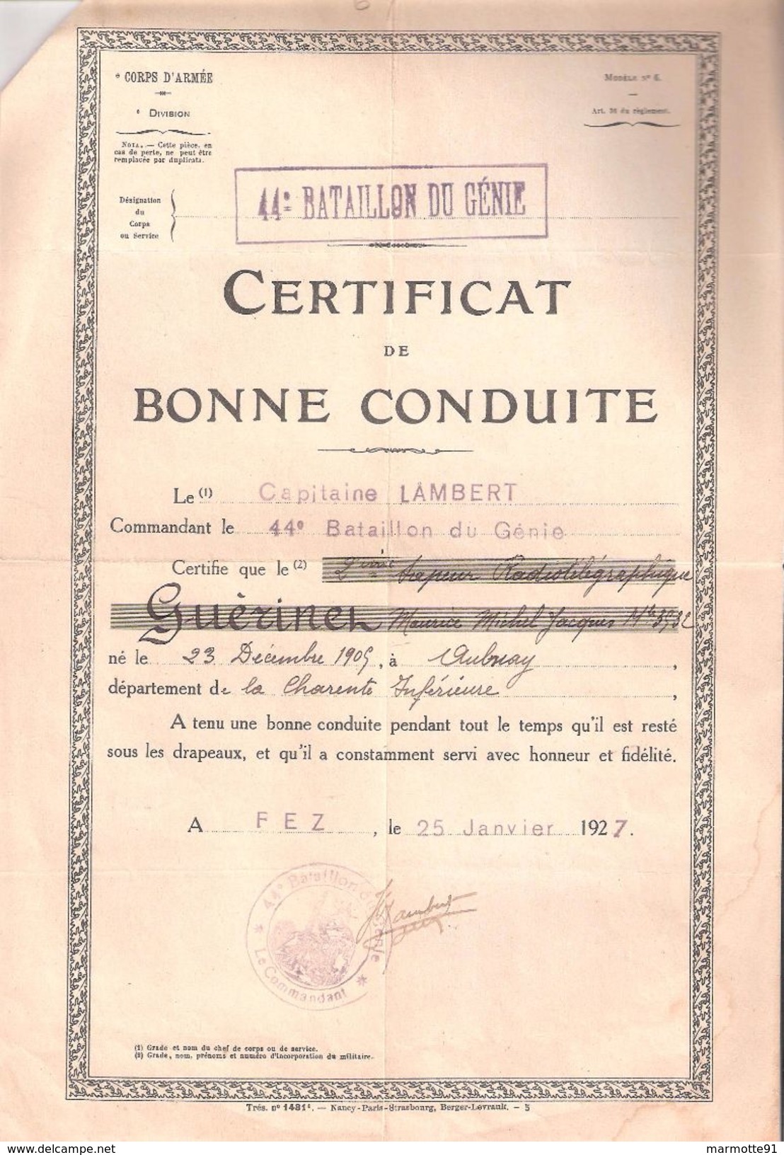 LOT DOCUMENTS SAPEUR TELEGRAPHISTE Cie RADIO 23/82 CITATION JUIN 1940 VIIe ARMEE BONNE CONDUITE 44 BATAILLON GENIE  FEZ - Documents
