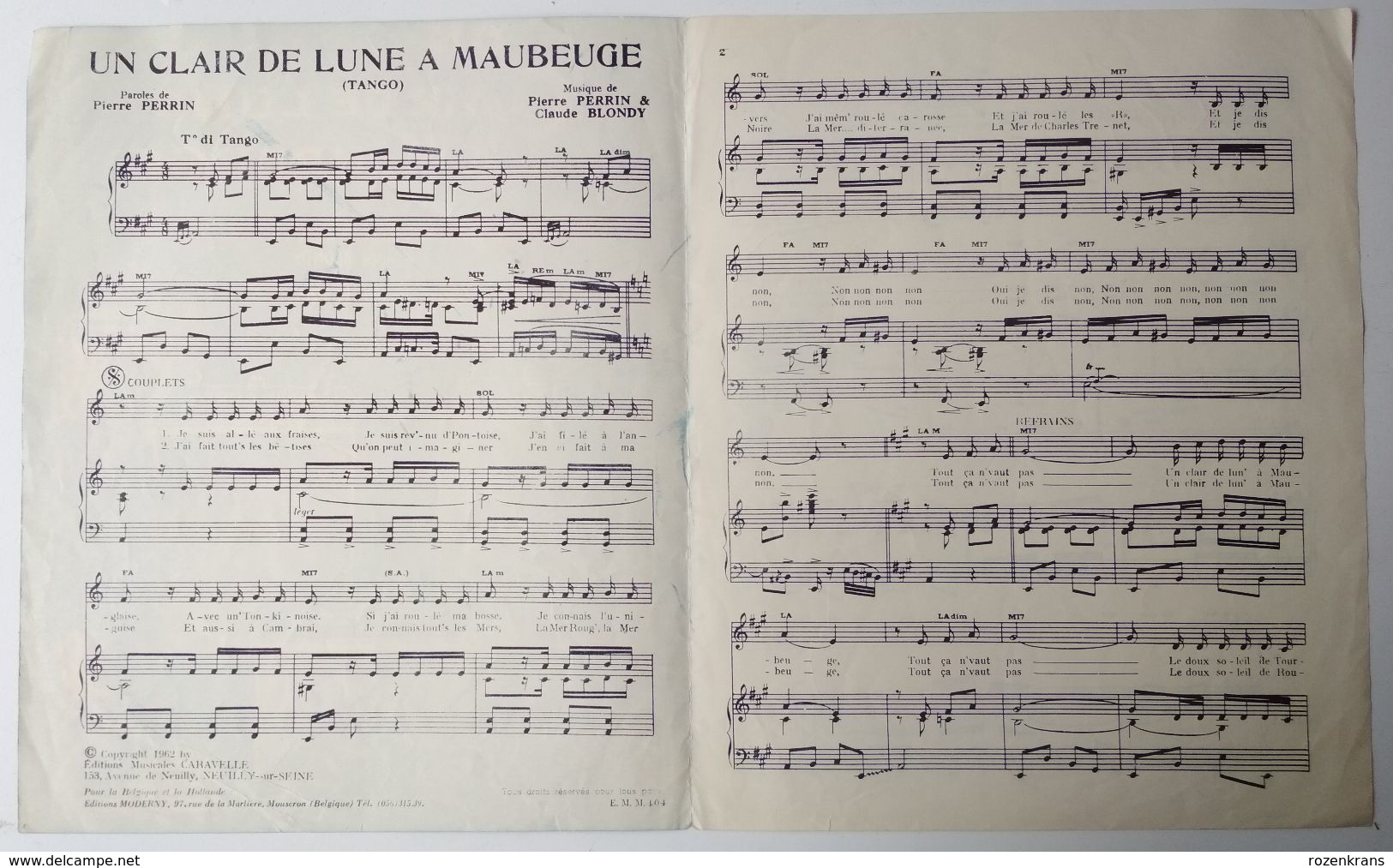 Partituur Score Partition Un Claire De Lune A Maubeuge Tango Pierre Perrin Annie Cordy Bourvil Pathe Jo Courtin - Partitions Musicales Anciennes