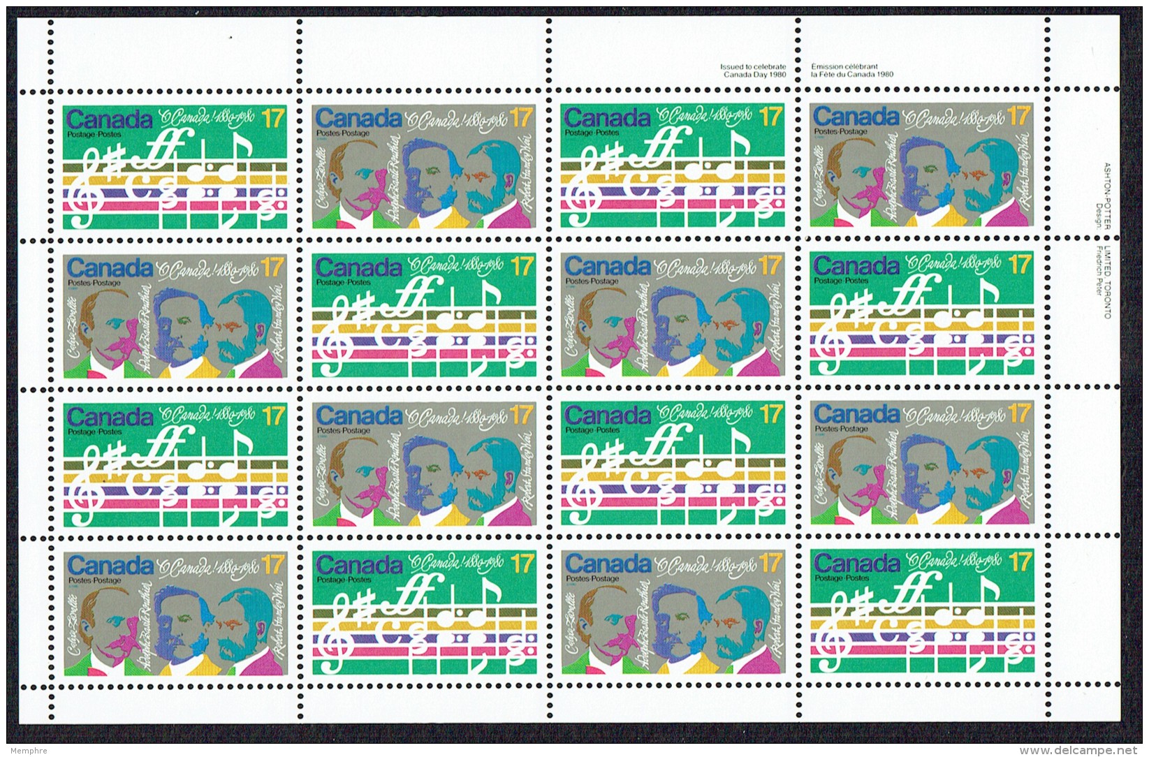 1980 O Canada  National Hymn  Centenary   Sc 857-8  Complete Sheetlet Of 8 Pairs  MNH - Ongebruikt