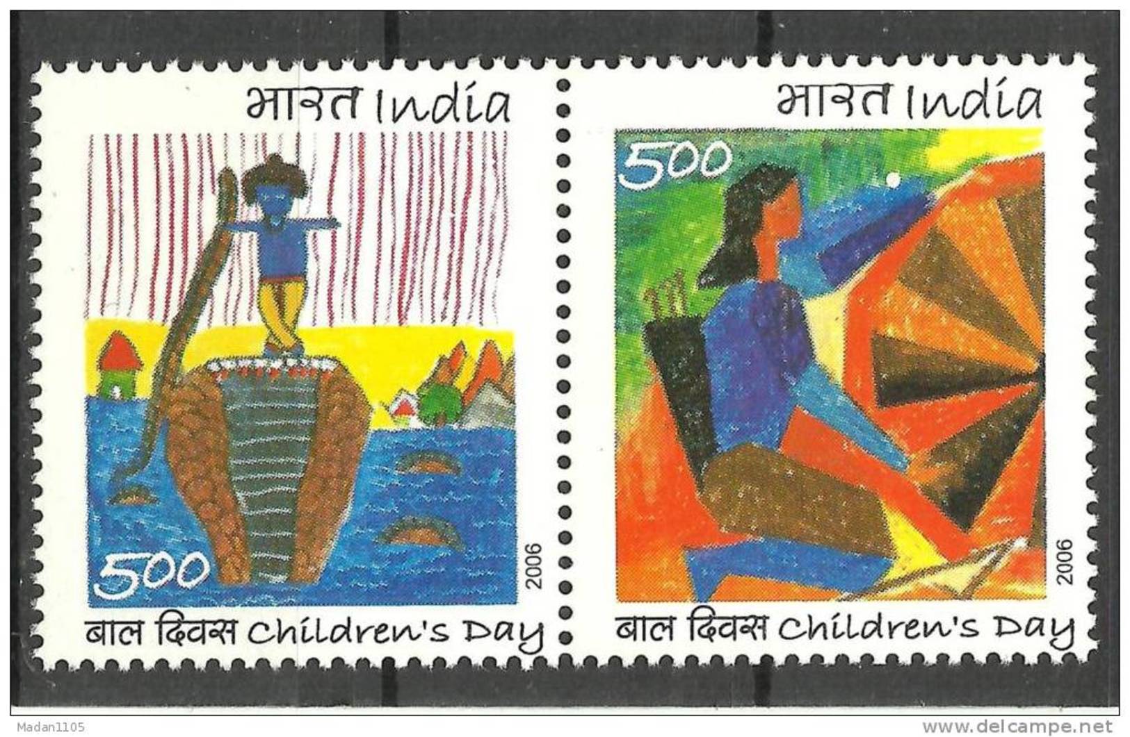 INDIA, 2006, National Children's Day, Childrens Day, Setenant Pair 2v. Art, Painting, Reptile,MNH, (**) - Ungebraucht