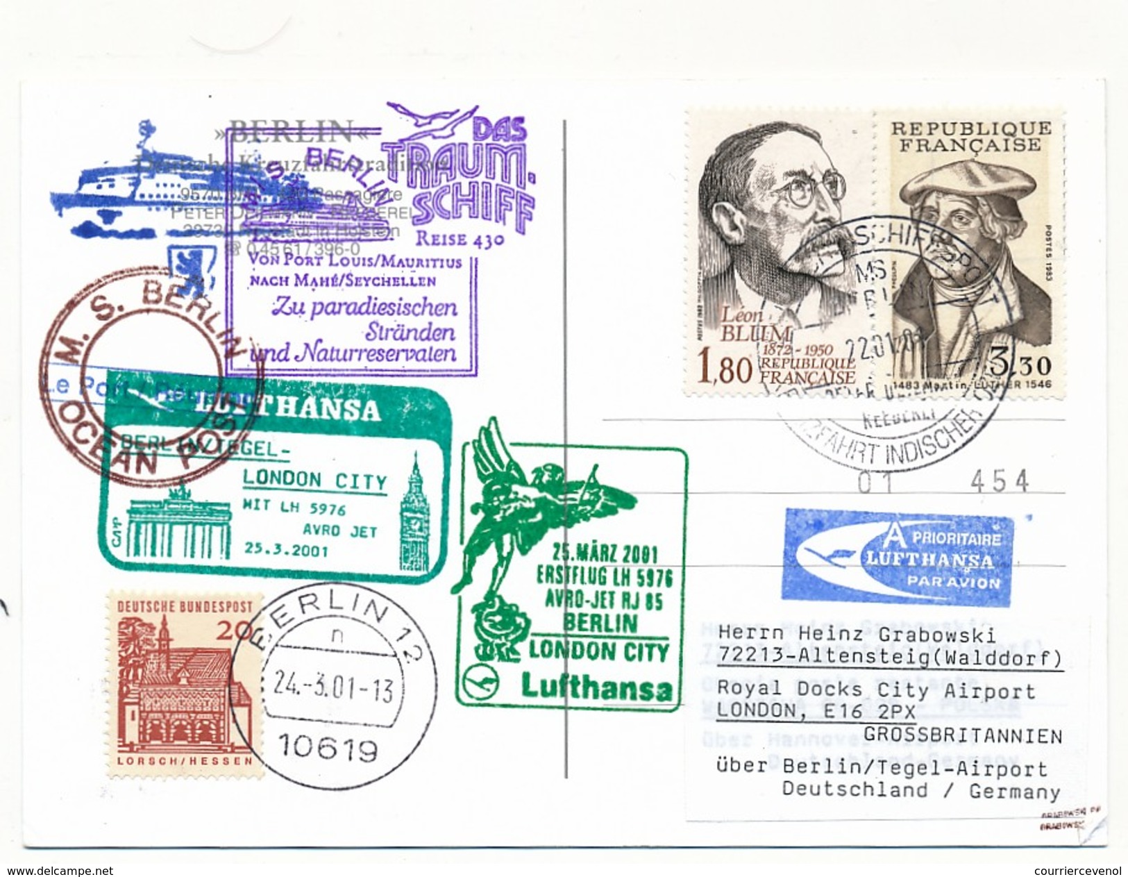 FRANCE - CP - Circuit "das Traum-shiff Berlin" 2001 - Cachets Paquebot Et Aviation - Voir Scans - First Flight Covers