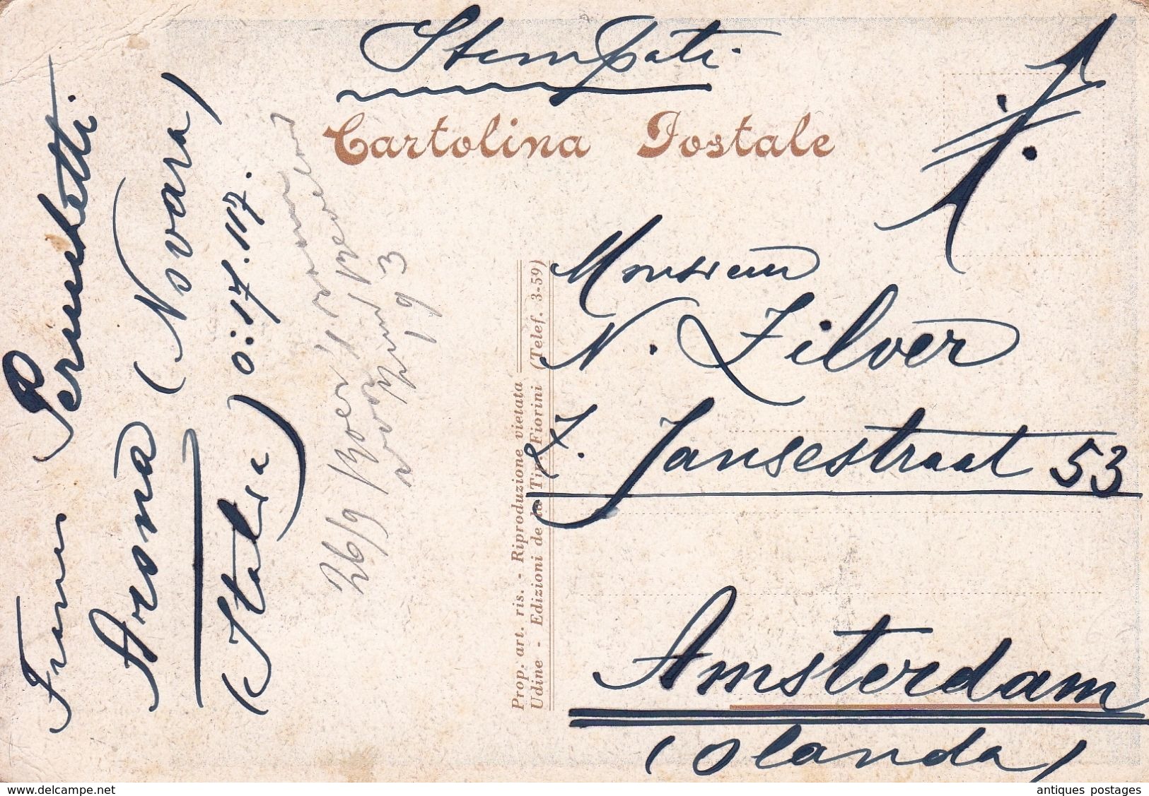 Carte Postale Arona Novara Italie Centenario Di Leopardi 1938 Amsterdam Pays Bas - Autres & Non Classés