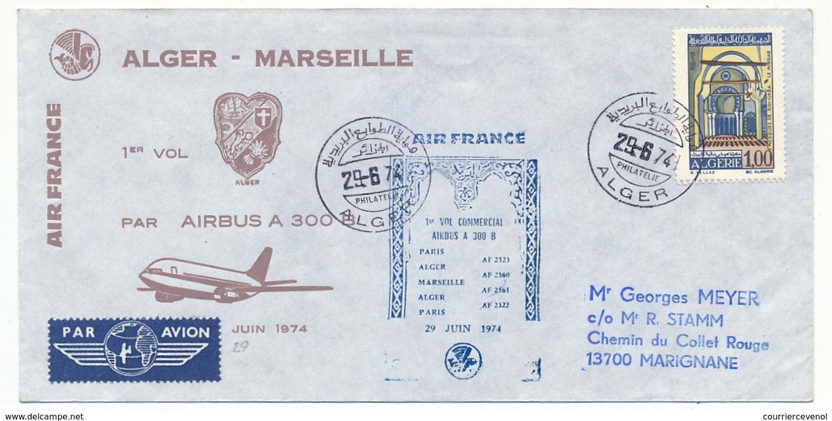 FRANCE - 2 Enveloppes - Marseille Alger (et Retour) Airbus 300B - 1974 - First Flight Covers