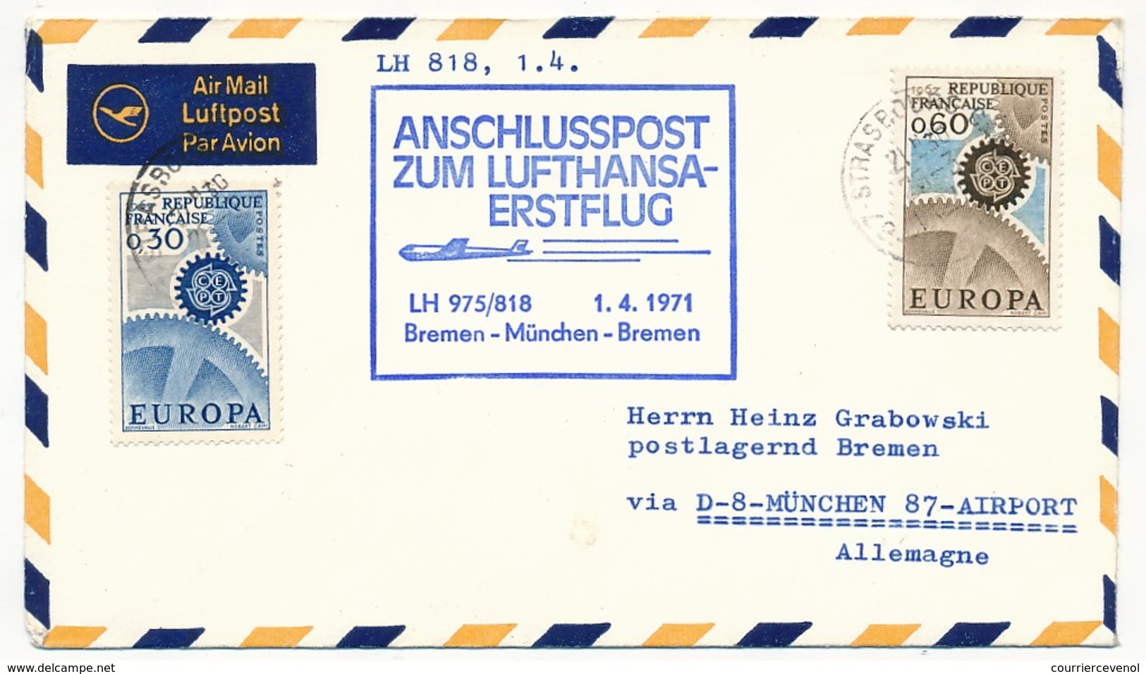 FRANCE - Enveloppe - Premier Vol BREME => MUNICH => BREME / LH 975/818 Lufthansa - 1971 - Premiers Vols