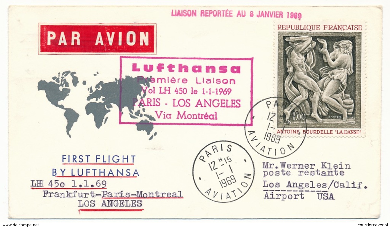 FRANCE - Enveloppe - Premier Vol PARIS => LOS ANGELES - Lufthansa LH 450 - 1959 - Primeros Vuelos