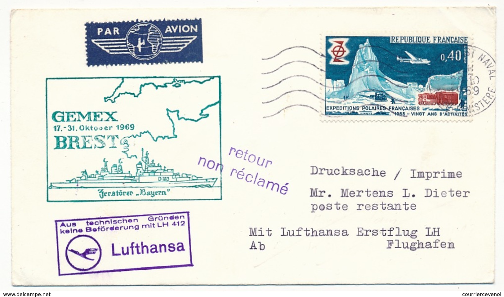 FRANCE - Enveloppe - Cachet GEMEX - BREST (poste Navale) + Cachet Lufthansa LH 412 - 1969 - First Flight Covers