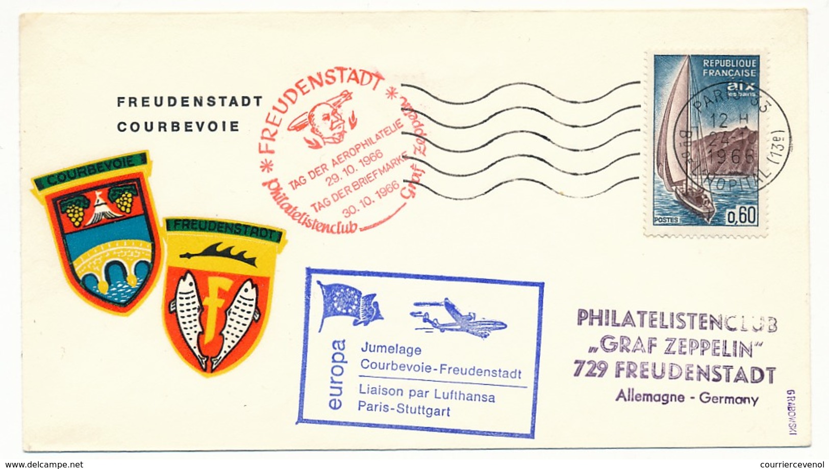 FRANCE - Enveloppe - Jumelage COURBEVOIE / FREUDENSTADT - Liaison Par Lufthansa - 1966 - First Flight Covers