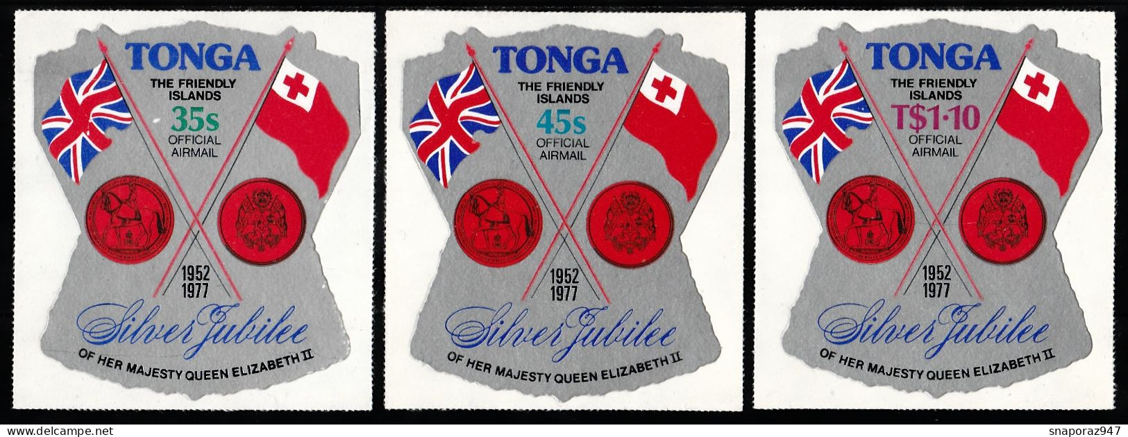 1977 Tonga 25th Coronation Majesty Elizabeth Flags Set Adhesive Car35 - Case Reali