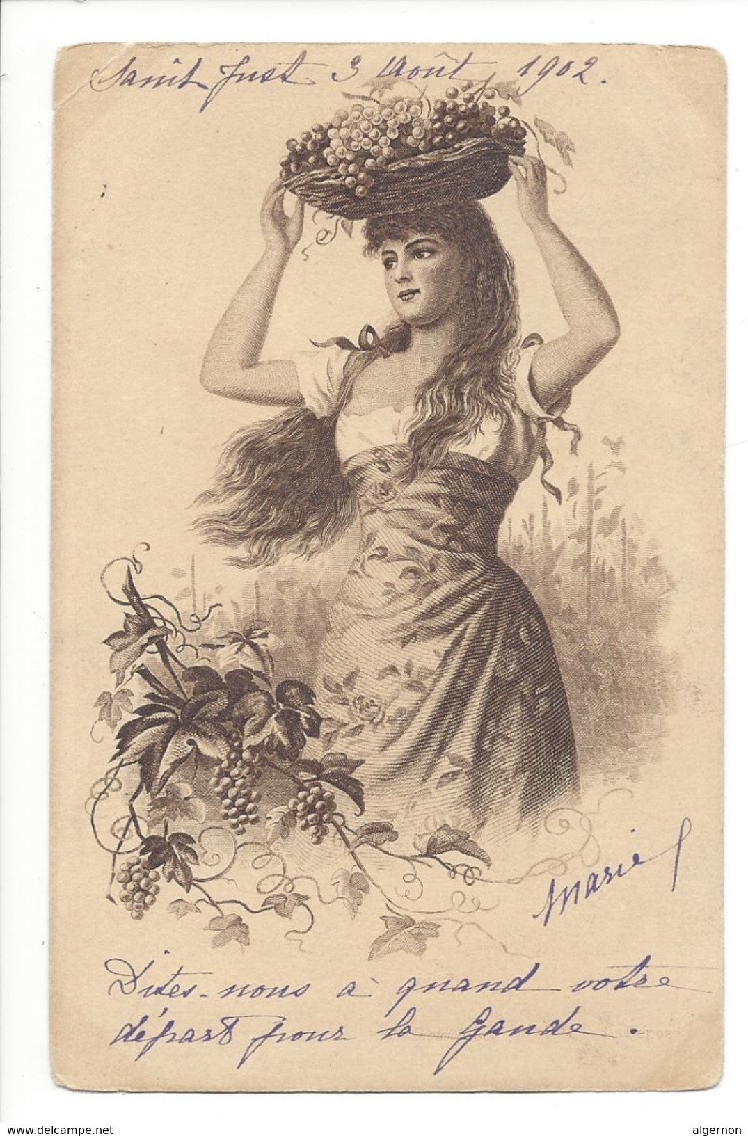 17891 - Elégante Femme Avec Panier De Raisins Sur La Tête Envoyée 1902 - Femmes