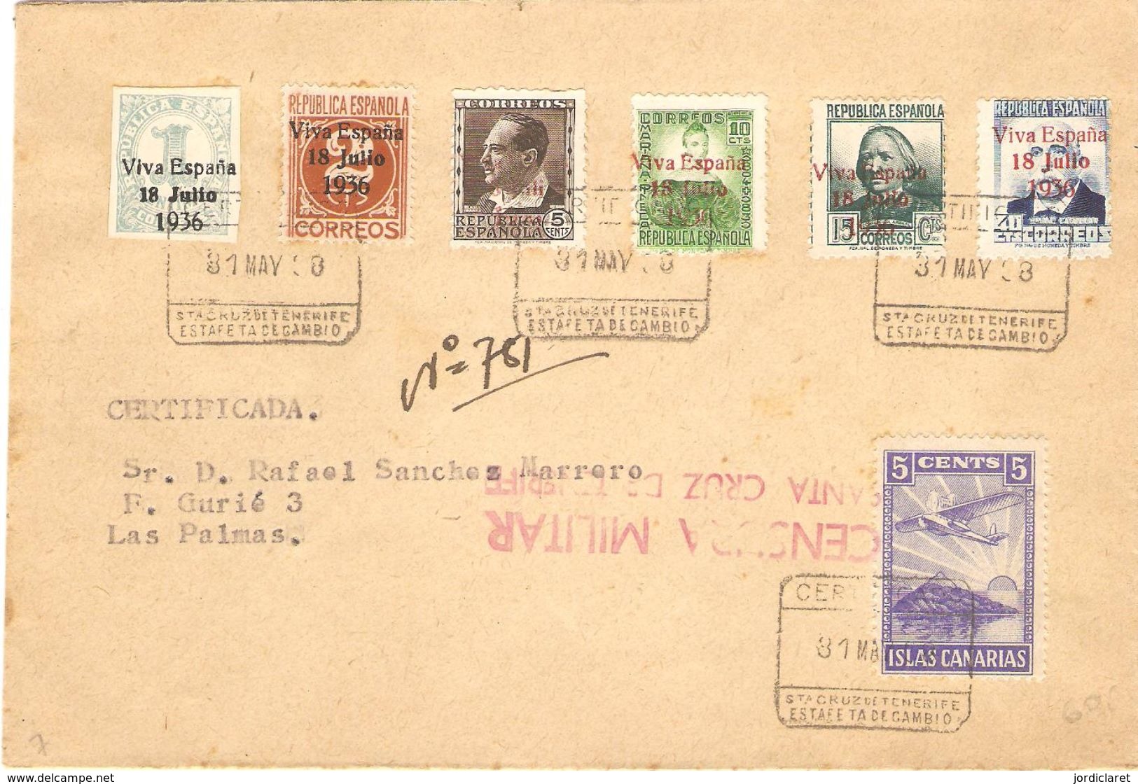 CARTA 1938 CENSURA  ST CRUZ DE TENERIFE   SELLOS CANARIAS SCANER - Covers & Documents