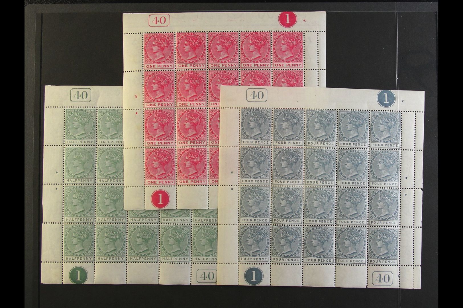 7612 1882-90 COMPLETE SHEETS 1882-90 Watermark Crown CA ½d Dull Green, SG 11, 1d Carmine-rose, SG 13, Plus 4d Grey, SG 1 - St.Christopher-Nevis-Anguilla (...-1980)