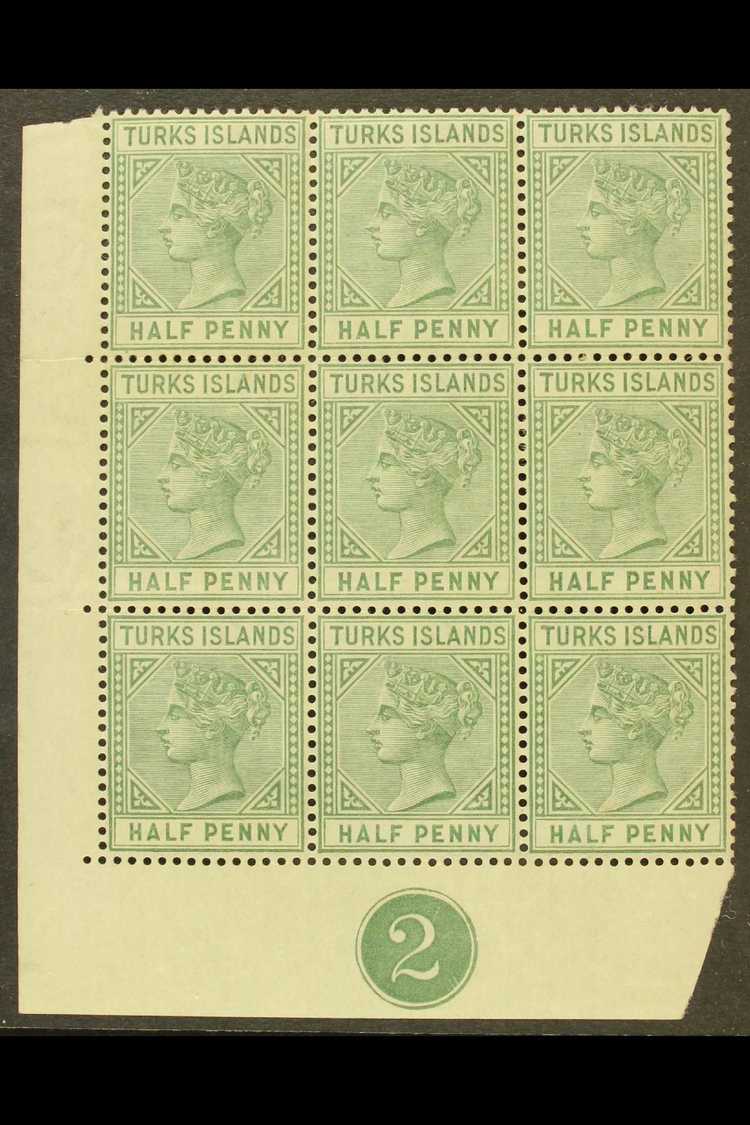 8121 TURKS ISLANDS 1182-5 ½d Pale Green, Corner BLOCK OF NINE With Control No.2, SG 53a, Minor Imperfections On Reverse, - Turks And Caicos