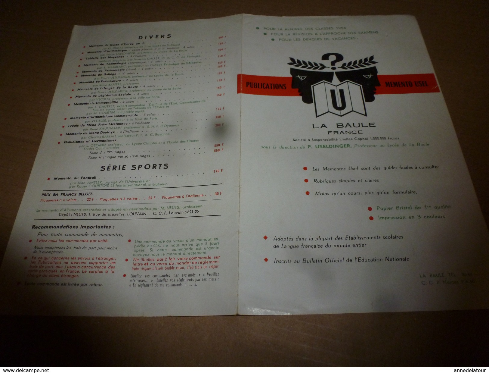 1956  La Baule  MEMENTO USEL Pour La Révision à L'approche Des Examens, Etc - Unclassified