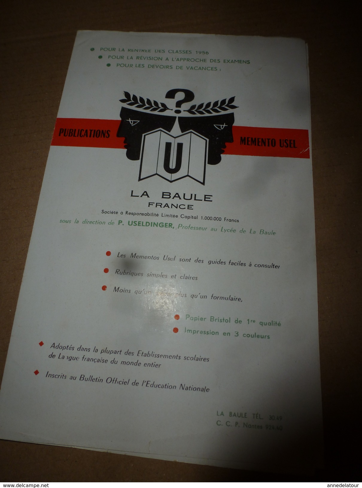 1956  La Baule  MEMENTO USEL Pour La Révision à L'approche Des Examens, Etc - Unclassified