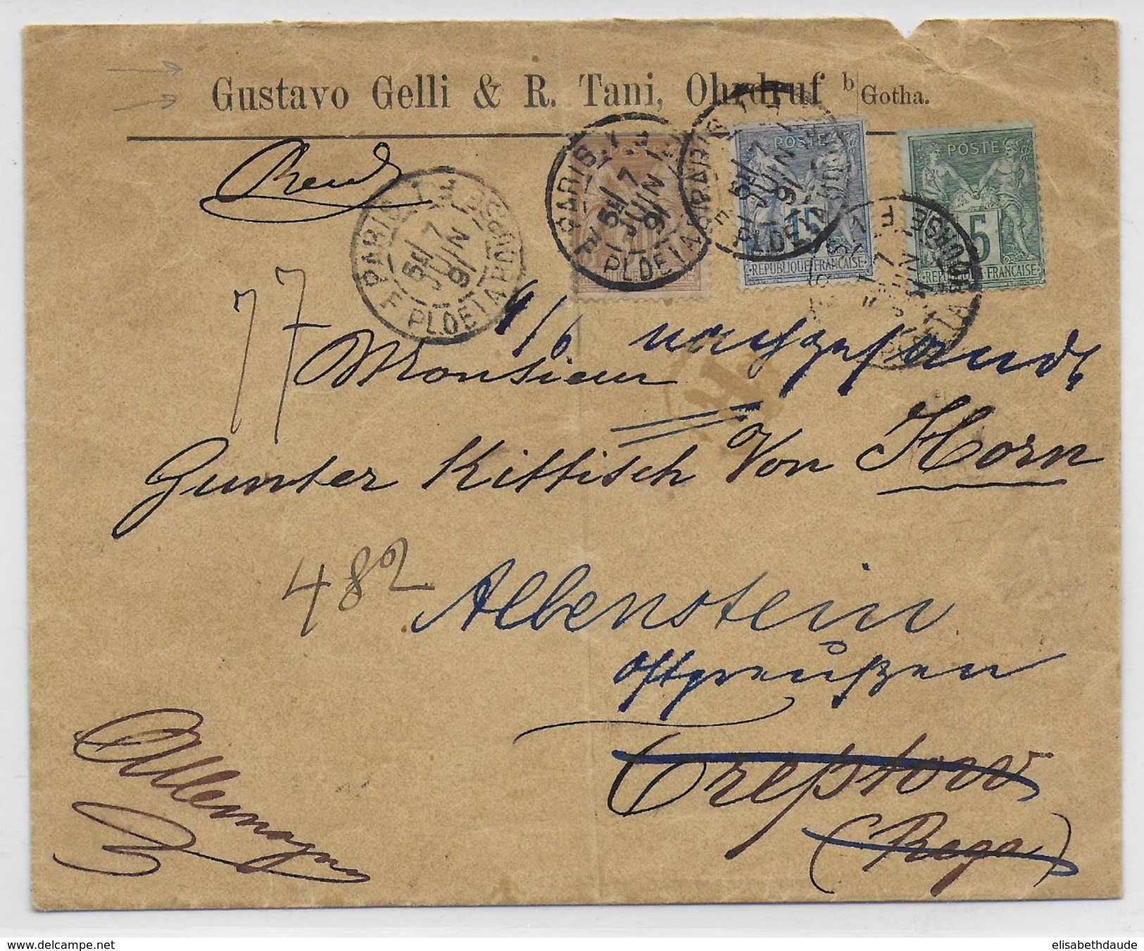 1891 - SAGE TRICOLORE /ENVELOPPE COMMERCIALE ALLEMANDE RECO De PARIS => TREPTOW REGA (POLOGNE ACTUELLE) => ALLENSTEIN - - 1876-1898 Sage (Type II)