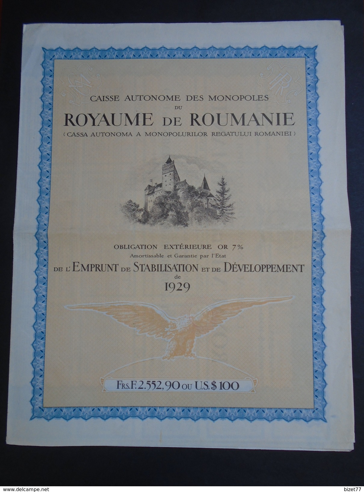 ACTION  /ROYAUME DE ROUMANIE - EMPRUNT 1929 7% OR : BELLE DECO - Autres & Non Classés