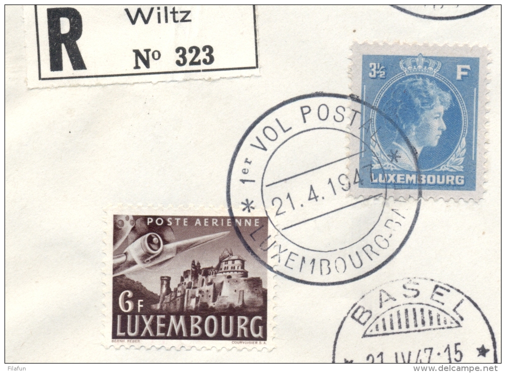 Luxembourg - 1947 - 3 Stamps On R-First Flight Cover Wiltz To Basel (and Back) - Brieven En Documenten