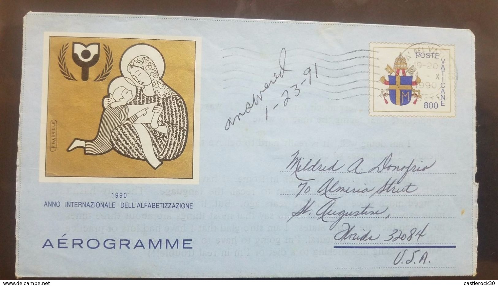 L) 1991 VATICAN, INTERNATIONAL YEAR OF LITERACY, POPE JOHN PAUL II, VIRGIN, BOY, VATICAN, AIR MAIL, CIRCULATED COVER - Used Stamps