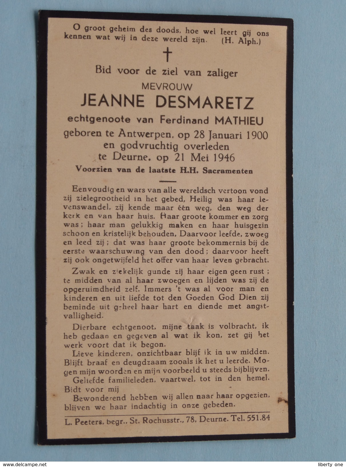 DP Jeanne DESMARETZ ( Mathieu ) Antwerpen 28 Jan 1900 - DEURNE 21 Mei 1946 ! - Décès