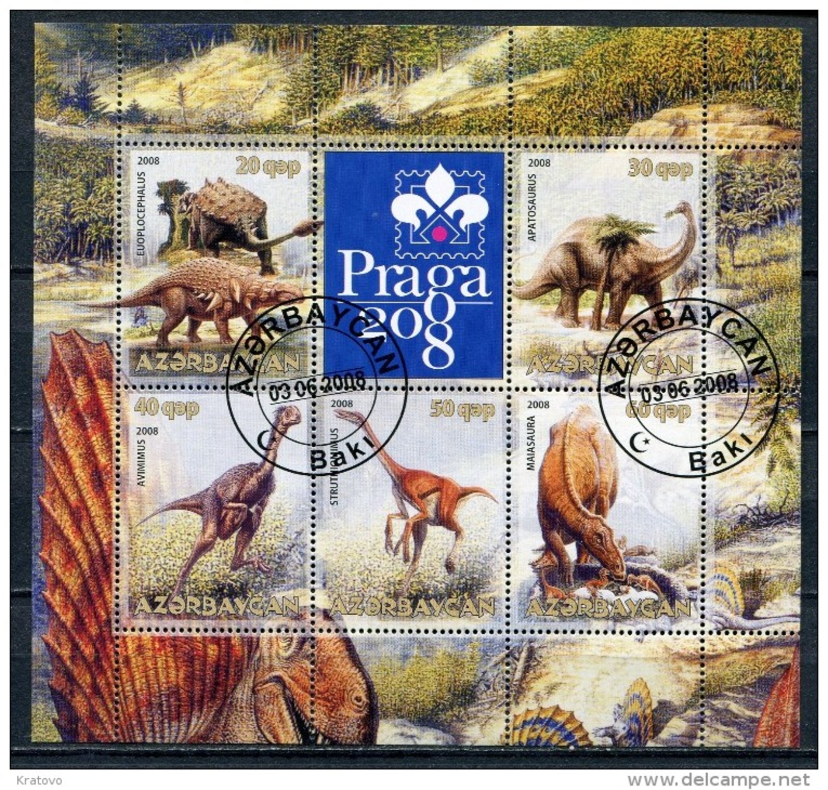 AZERBAIJAN 2008 ANIMALS DINOSAURS SHEET FANTASY USED - Fantasy Labels