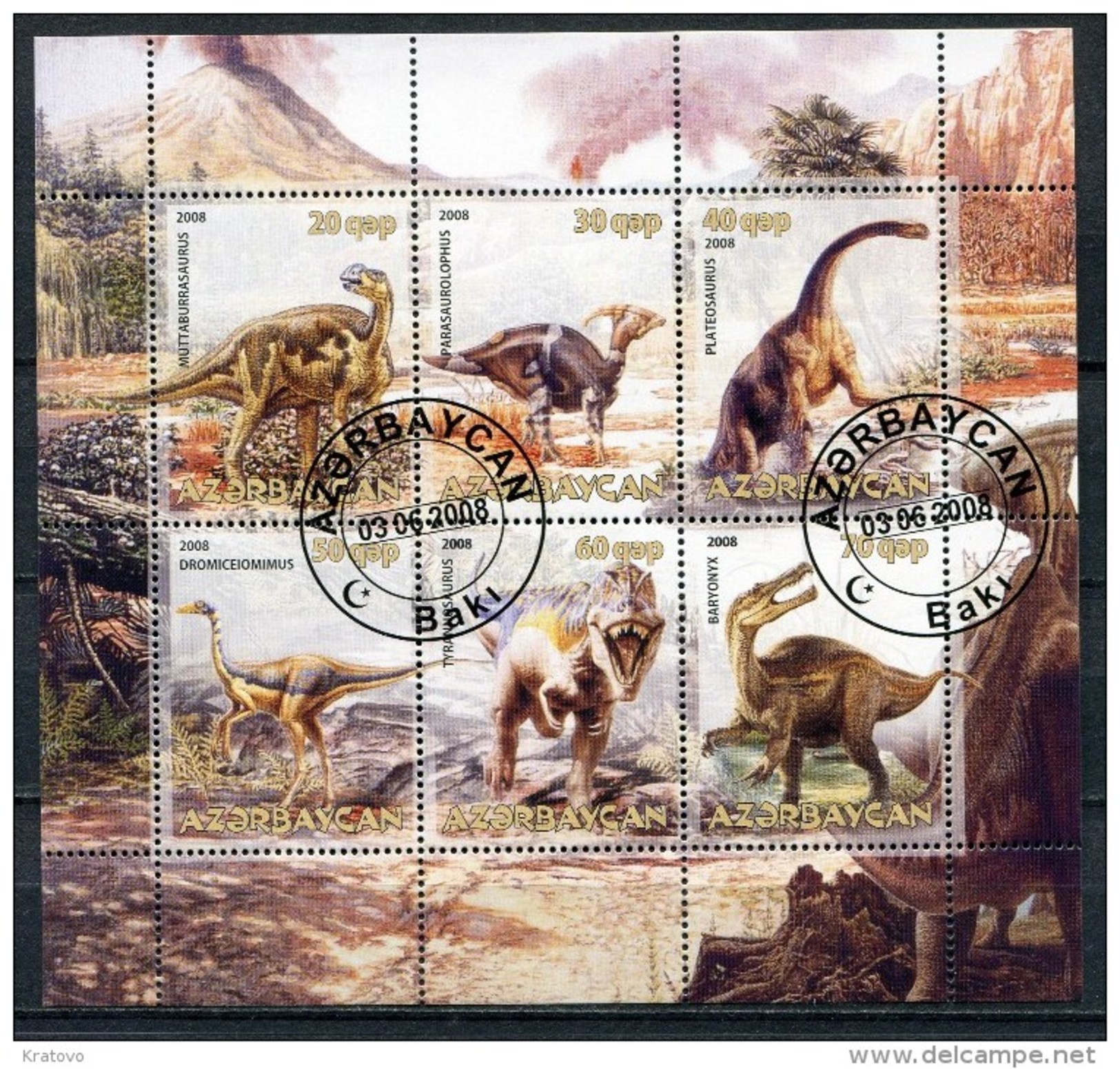 AZERBAIJAN 2008 FAUNA DINOSAURS SHEET FANTASY USED - Vignettes De Fantaisie