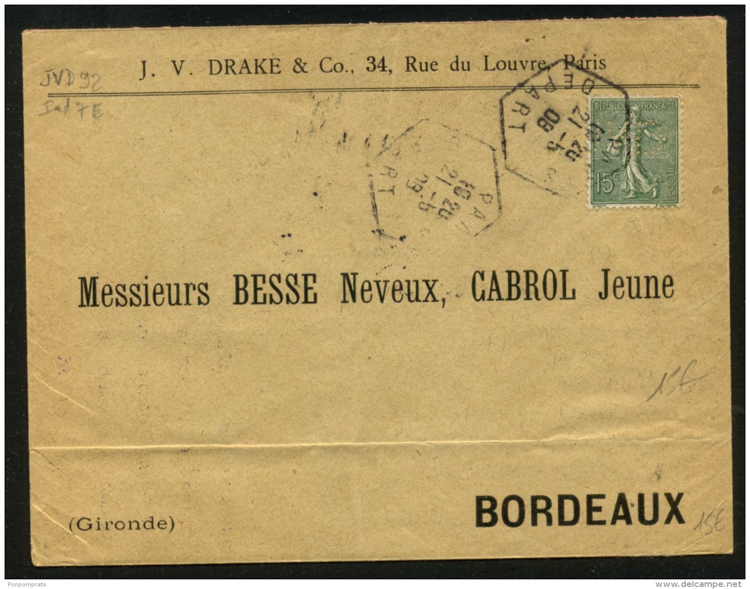 PARIS: Enveloppe Avec 15c Type Semeuse Perforé JVD  : J.V.DRAKE Rue Du Louvre PARIS - Autres & Non Classés