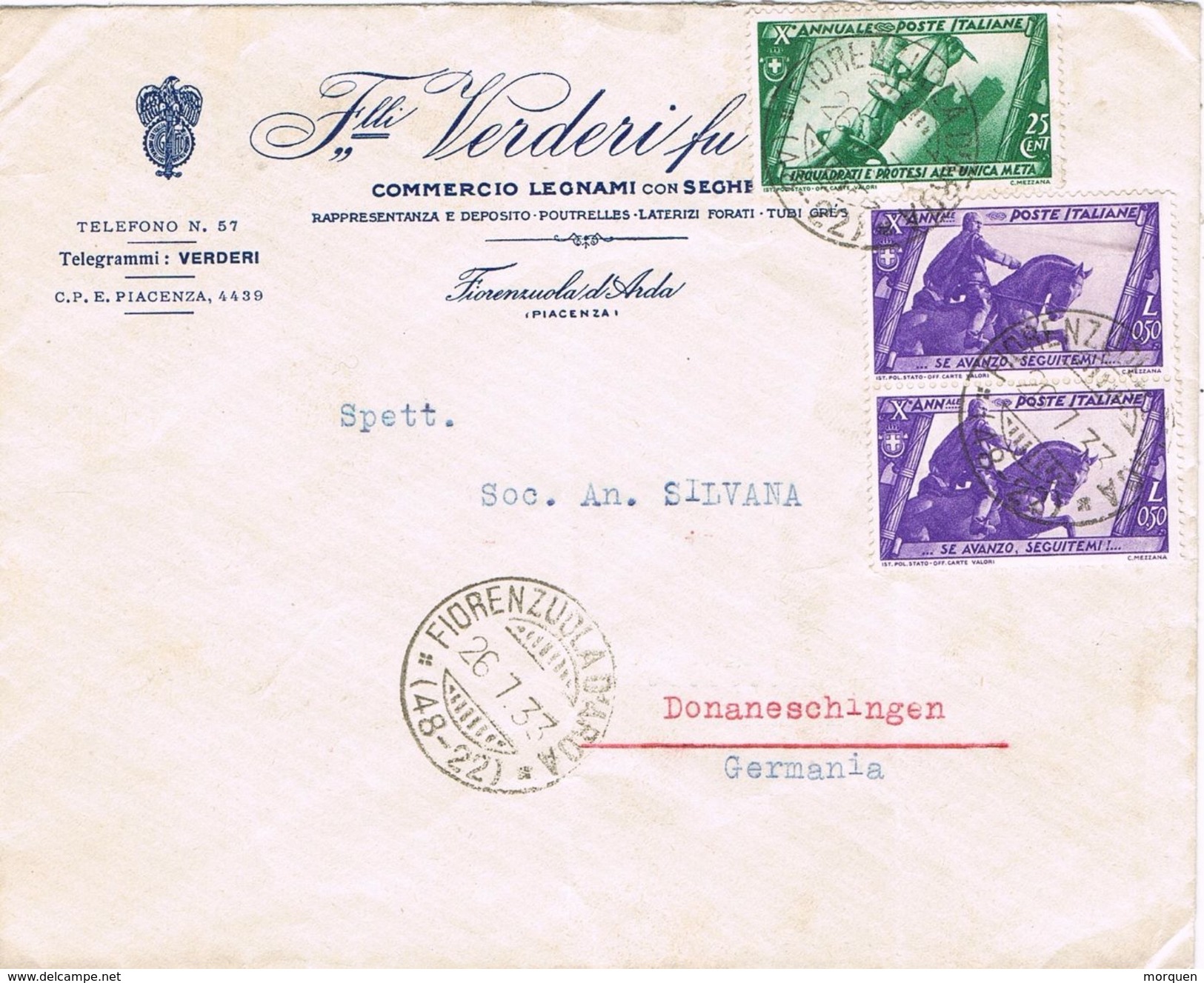 26078. Carta FIORENZUOLA D'ARDA (Piacenza) 1933. Commercio A Germany - Marcophilie
